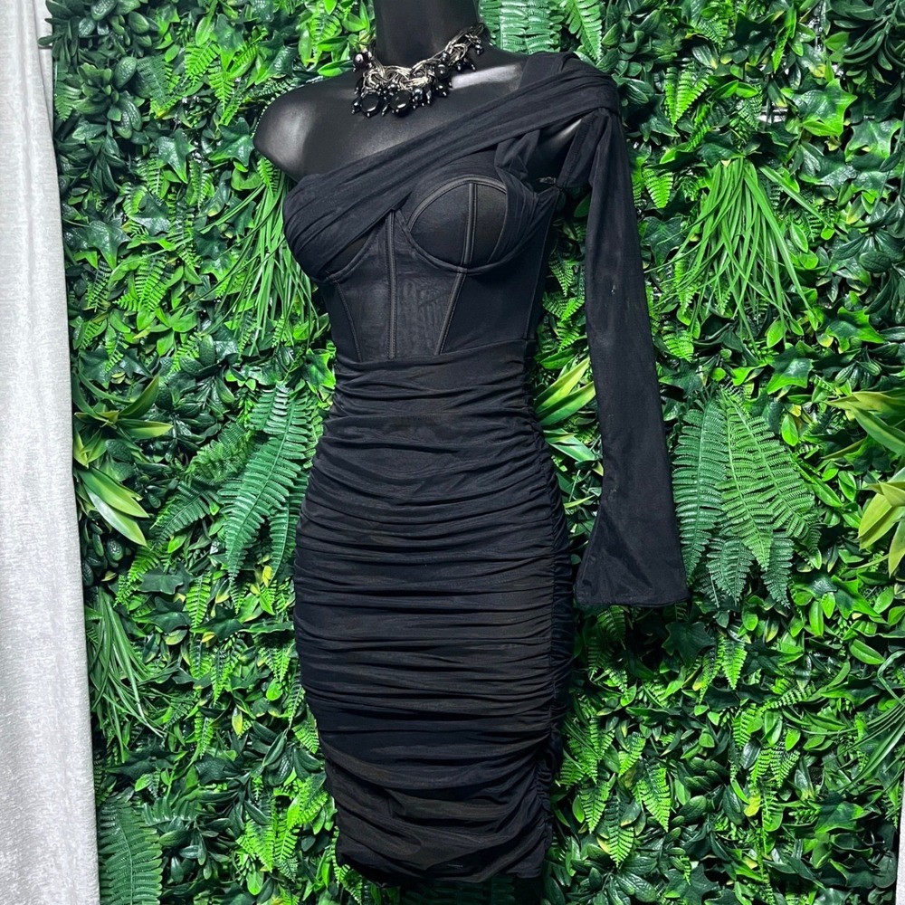 Oh Polly Dress US 0 Black Mesh One Shoulder Ruched Corset Midi NWT 4226